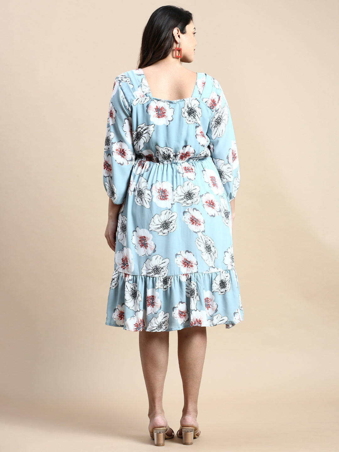 Women Puff Blue Floral Fit and Flare Dress
