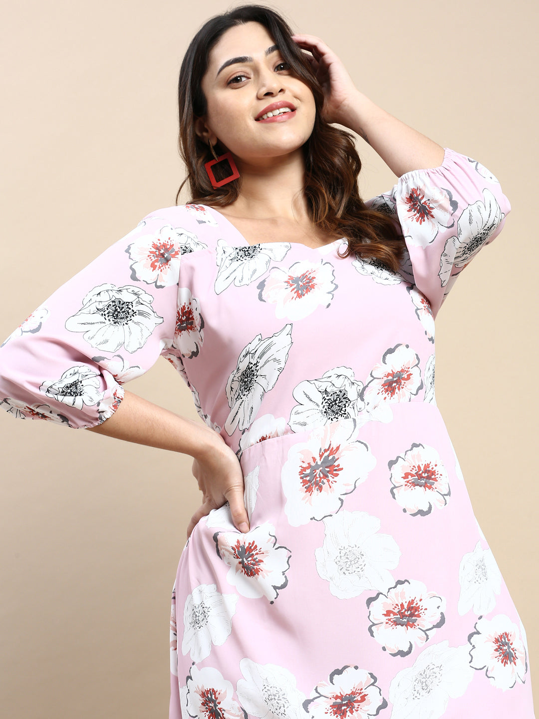 Women Puff Pink Floral Fit and Flare Dress