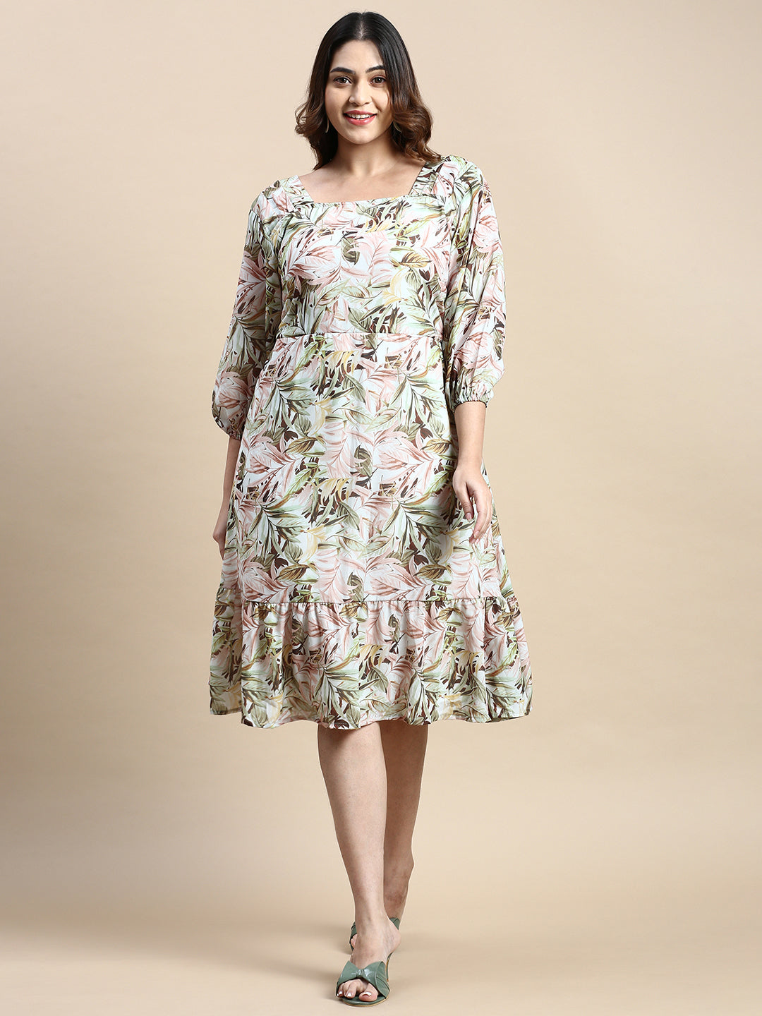 Women Puff Green Tropical Fit and Flare Dress