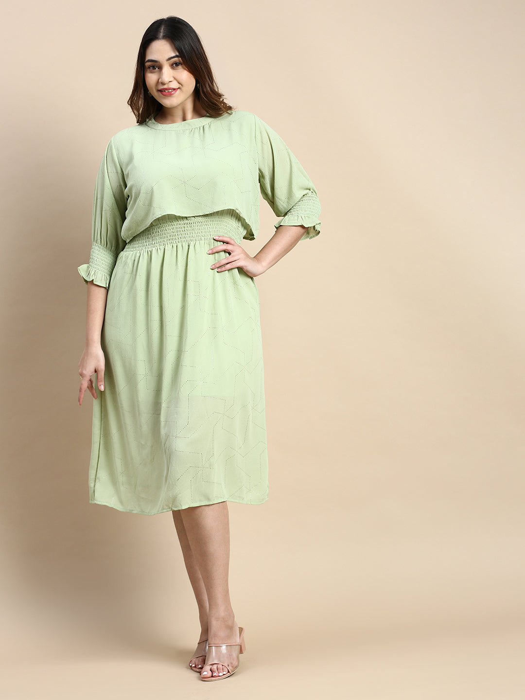 Women Puff Green Embellished Fit and Flare Dress