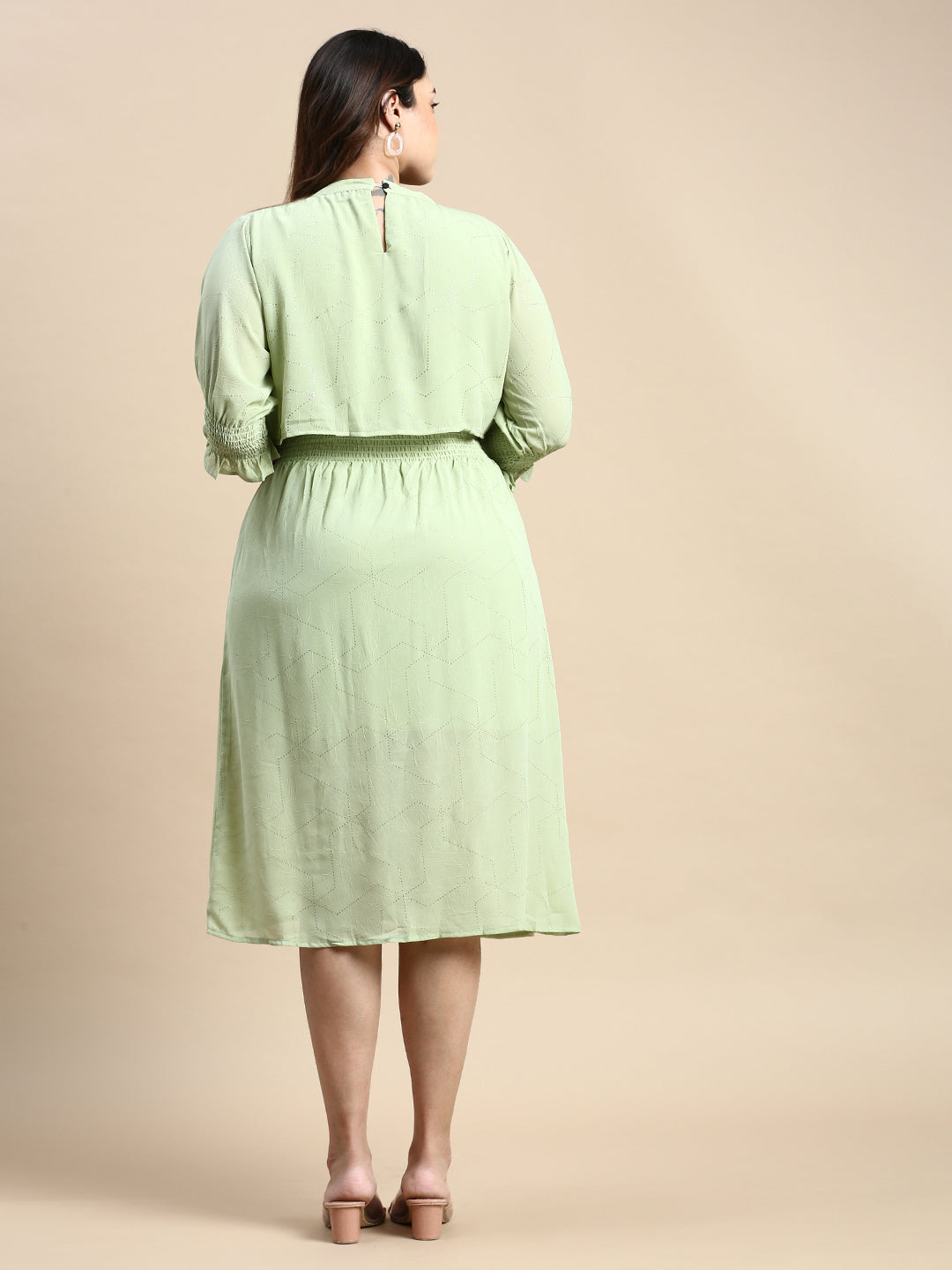 Women Puff Green Embellished Fit and Flare Dress