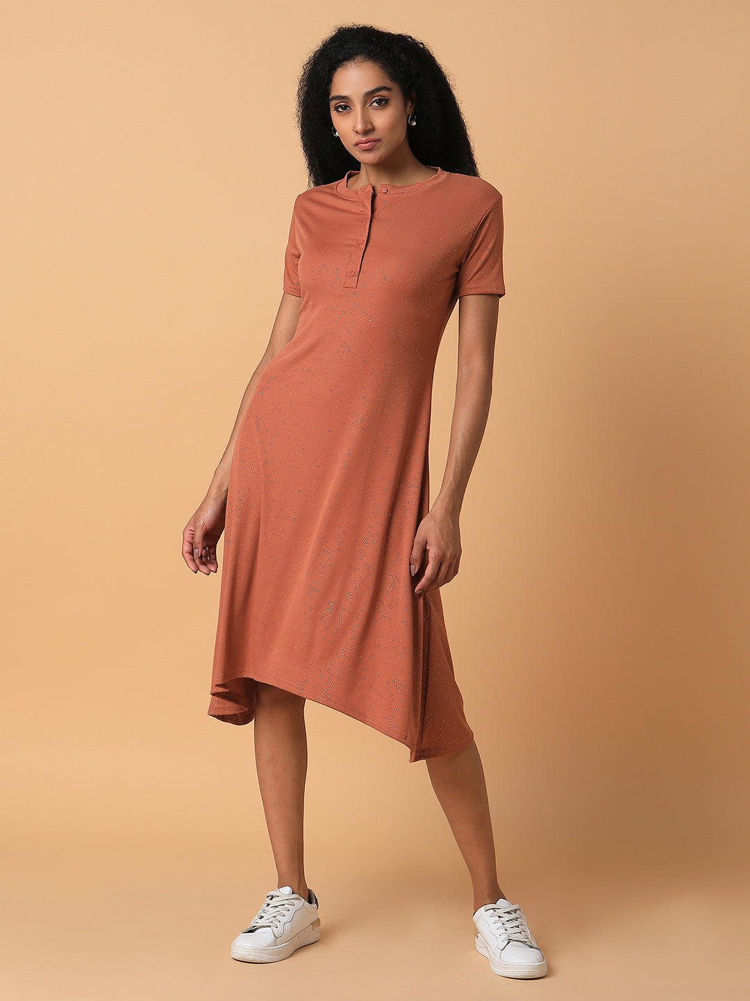 Women Solid Rust Midi A-Line Dress