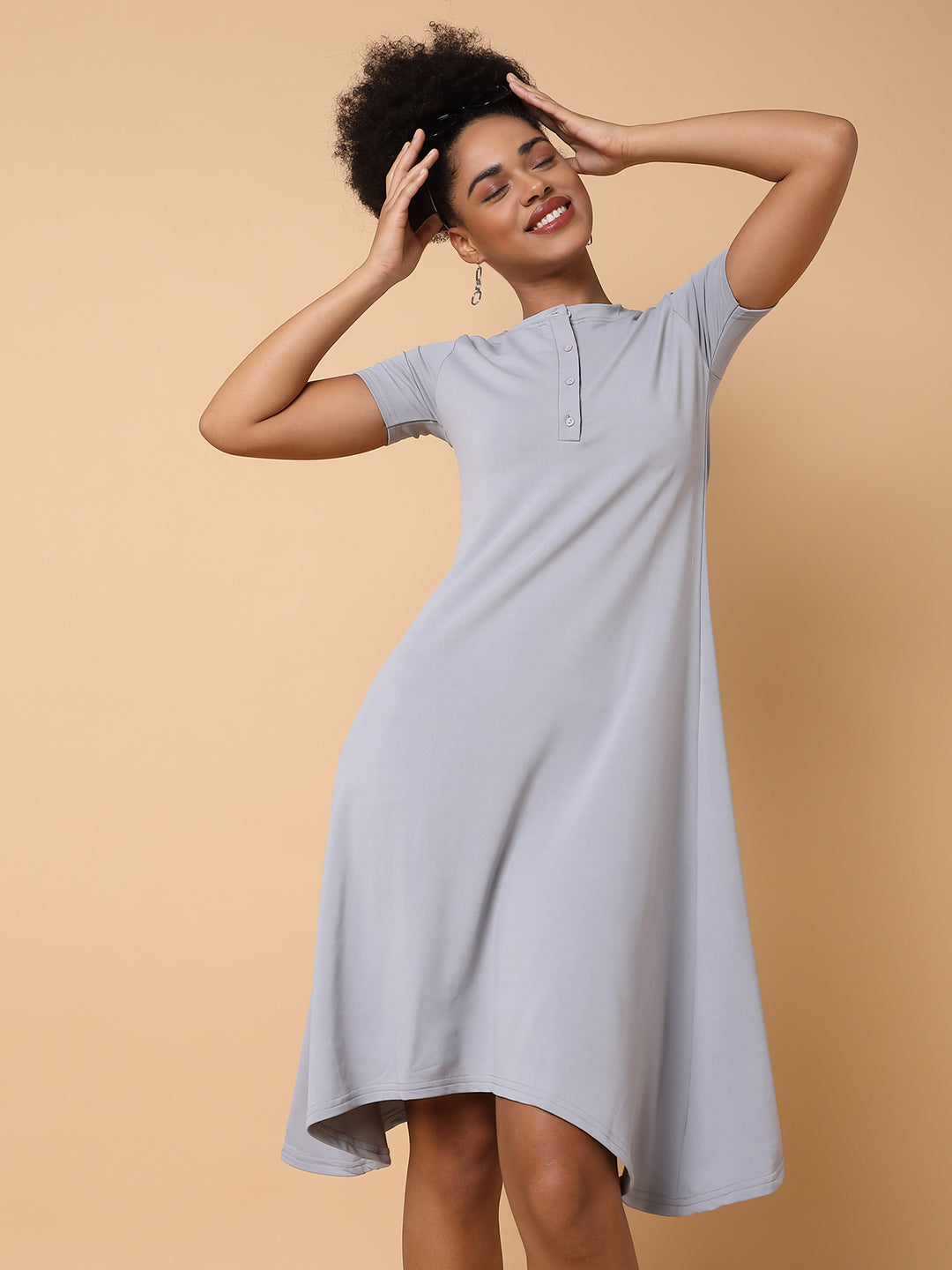 Women Solid Grey Midi A Line Dress