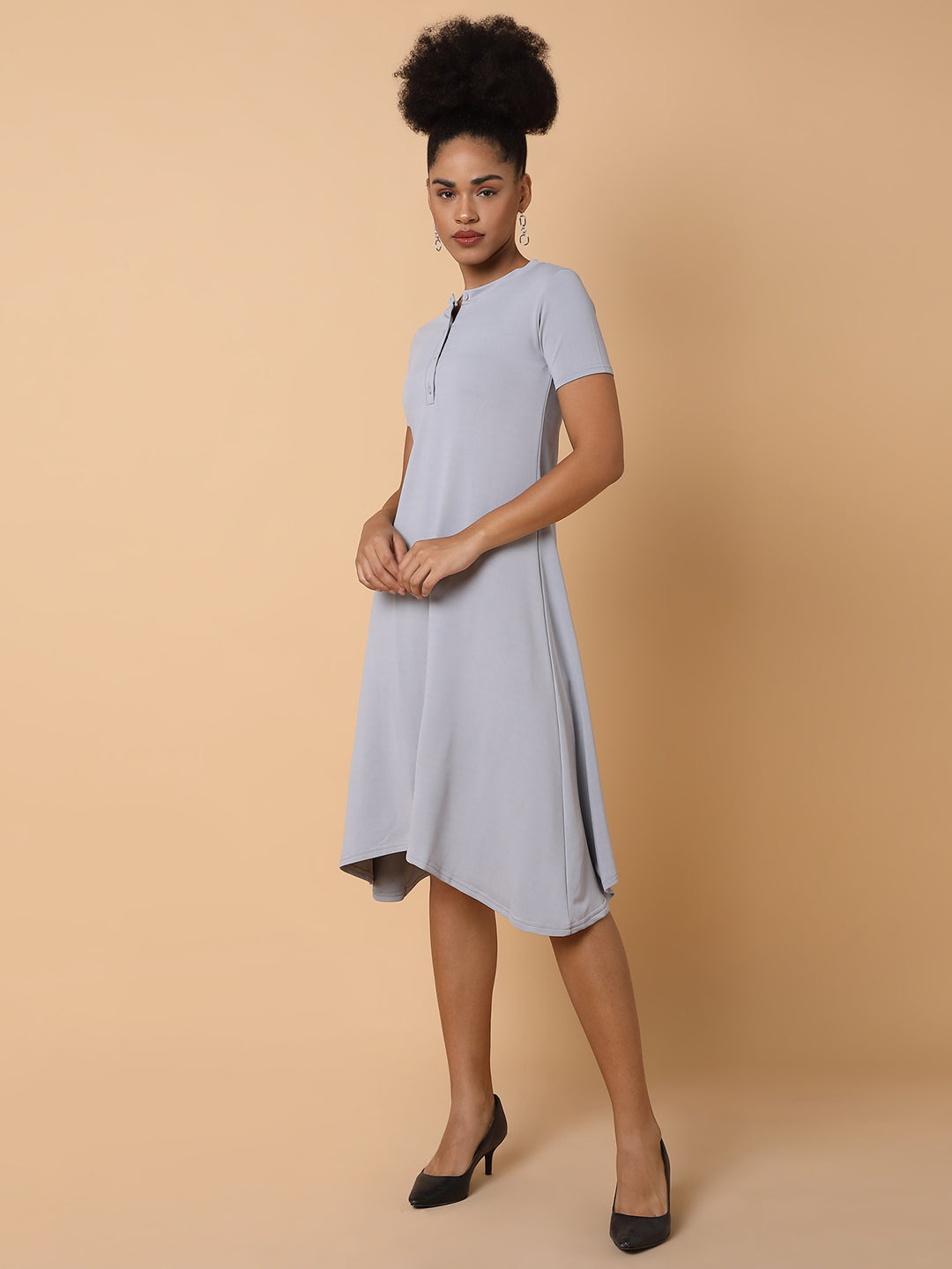 Women Solid Grey Midi A Line Dress