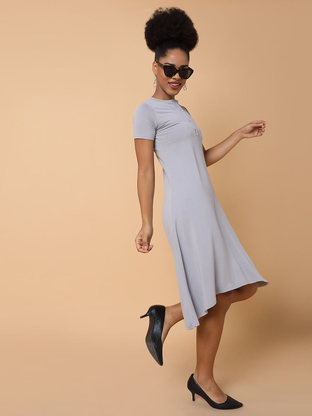 Women Solid Grey Midi A Line Dress