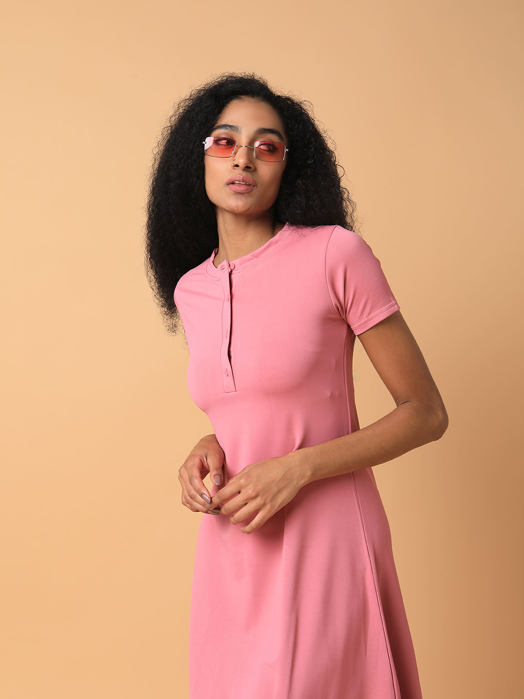 Women Solid Pink Midi A-Line Dress