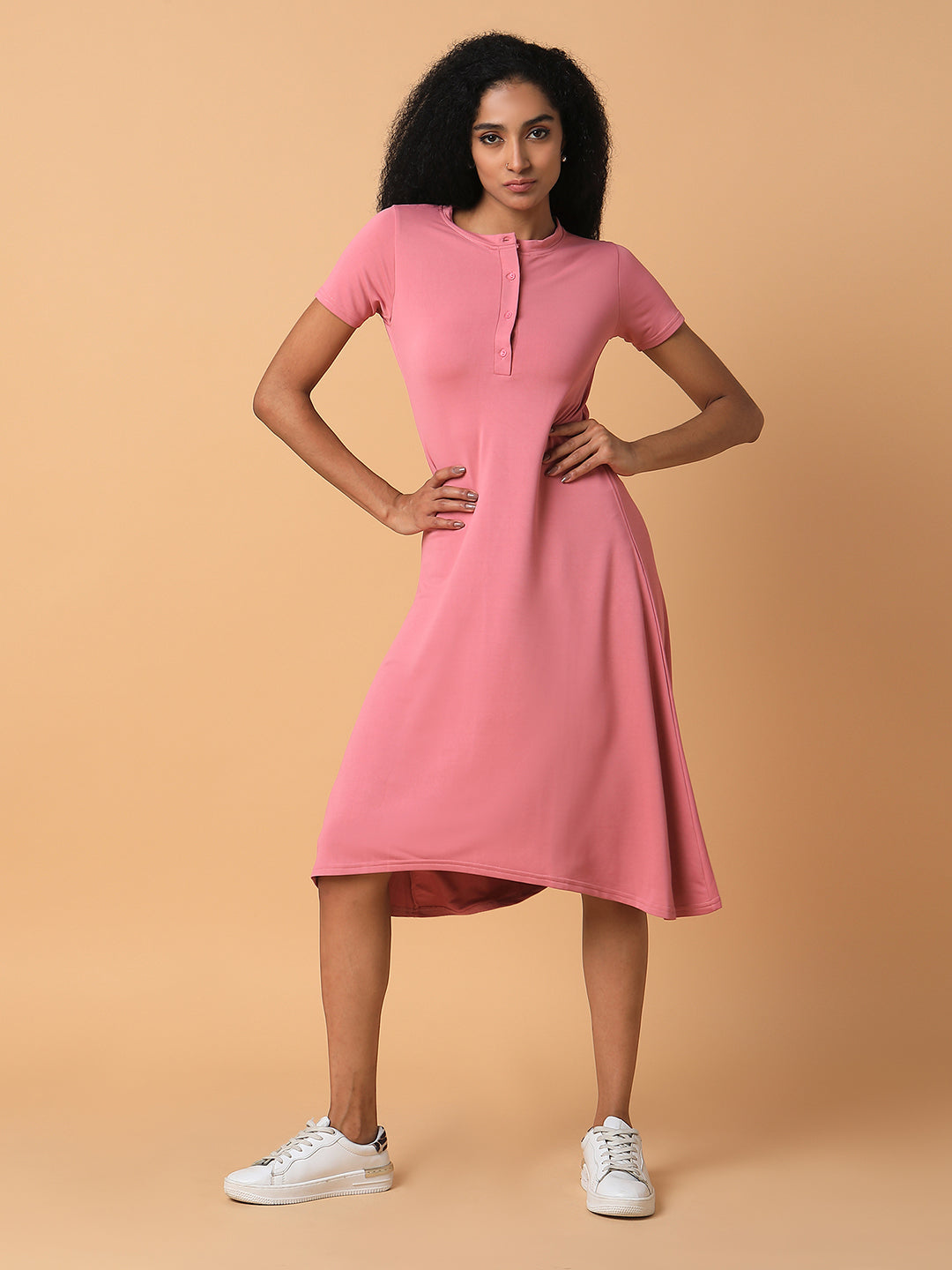 Women Solid Pink Midi A-Line Dress