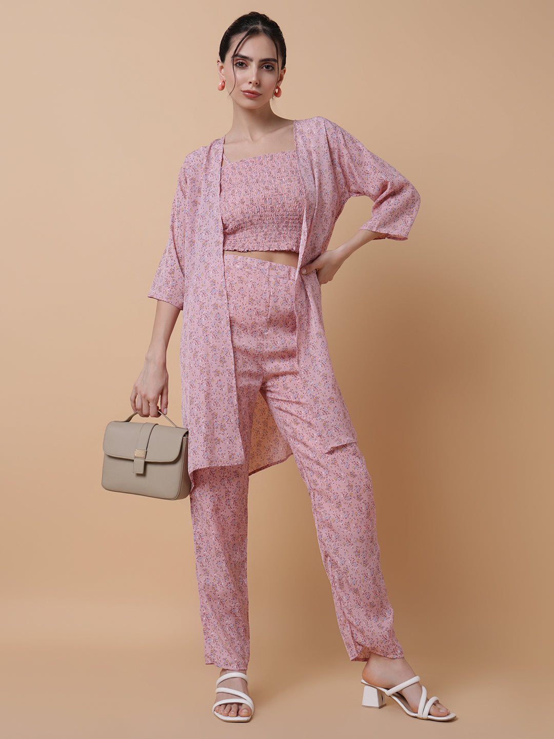 Women Printed Pink Co-Ords Set with Shrug