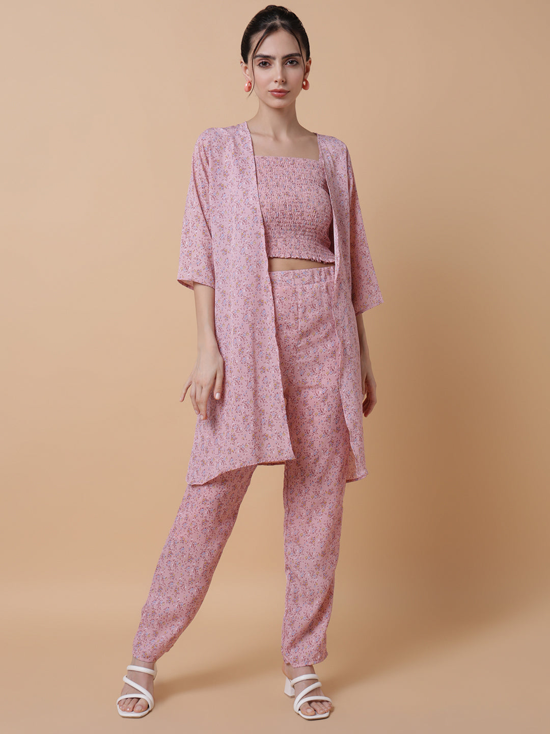 Women Printed Pink Co-Ords Set with Shrug