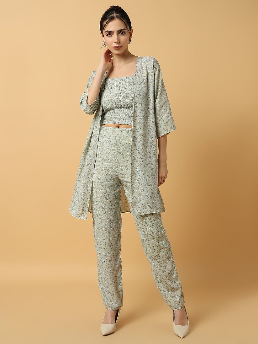 Women Printed Sea Green Co-Ords Set with Shrug