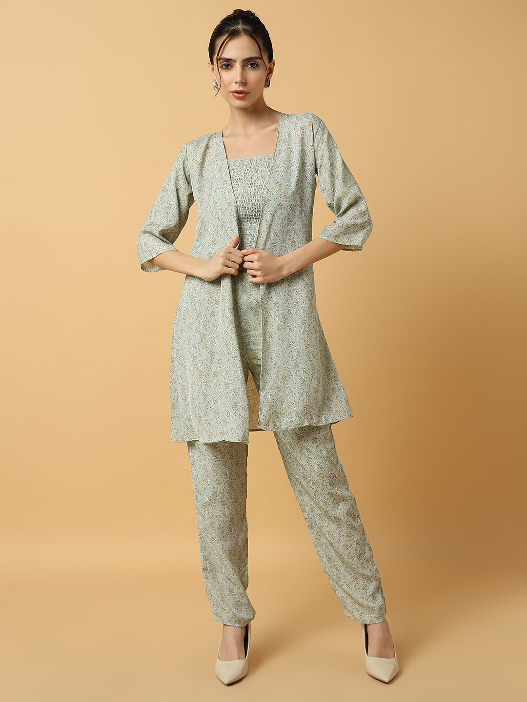 Women Printed Sea Green Co-Ords Set with Shrug