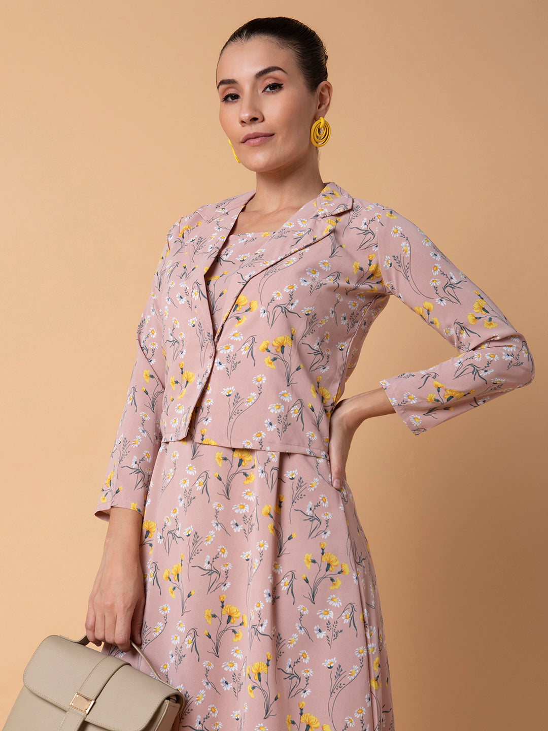 Women Floral Peach Midi A-Line Dress with Shrug