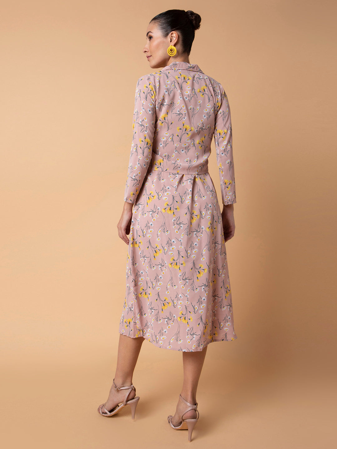 Women Floral Peach Midi A-Line Dress with Shrug