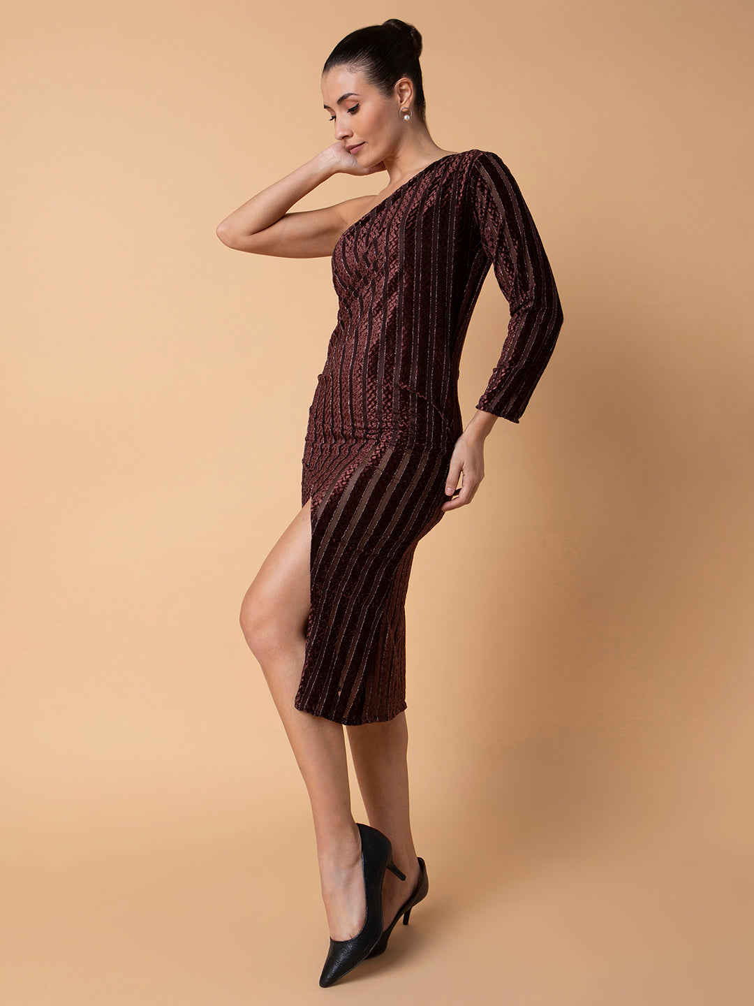 Women Striped Brown Midi Wrap Dress
