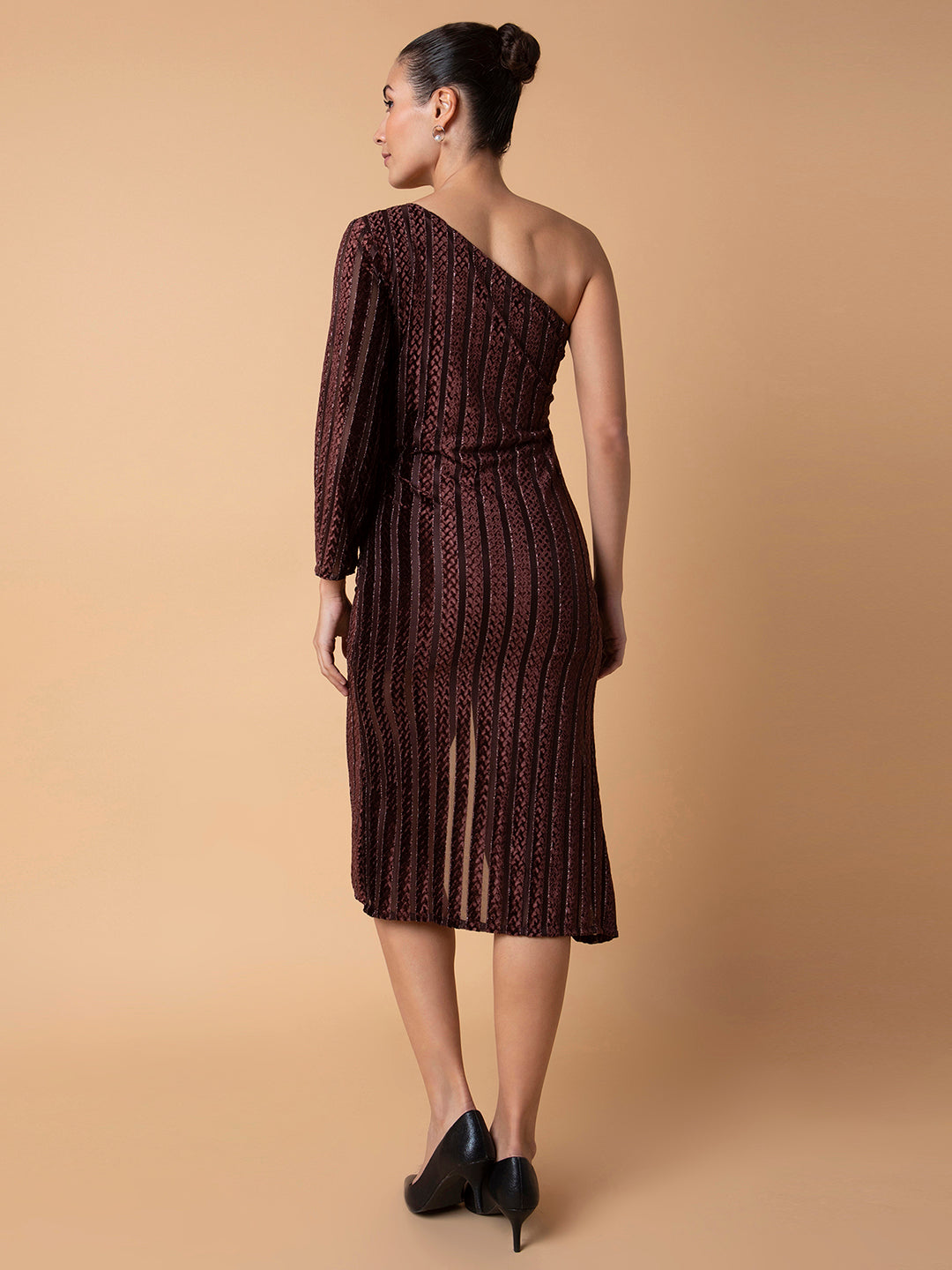 Women Striped Brown Midi Wrap Dress