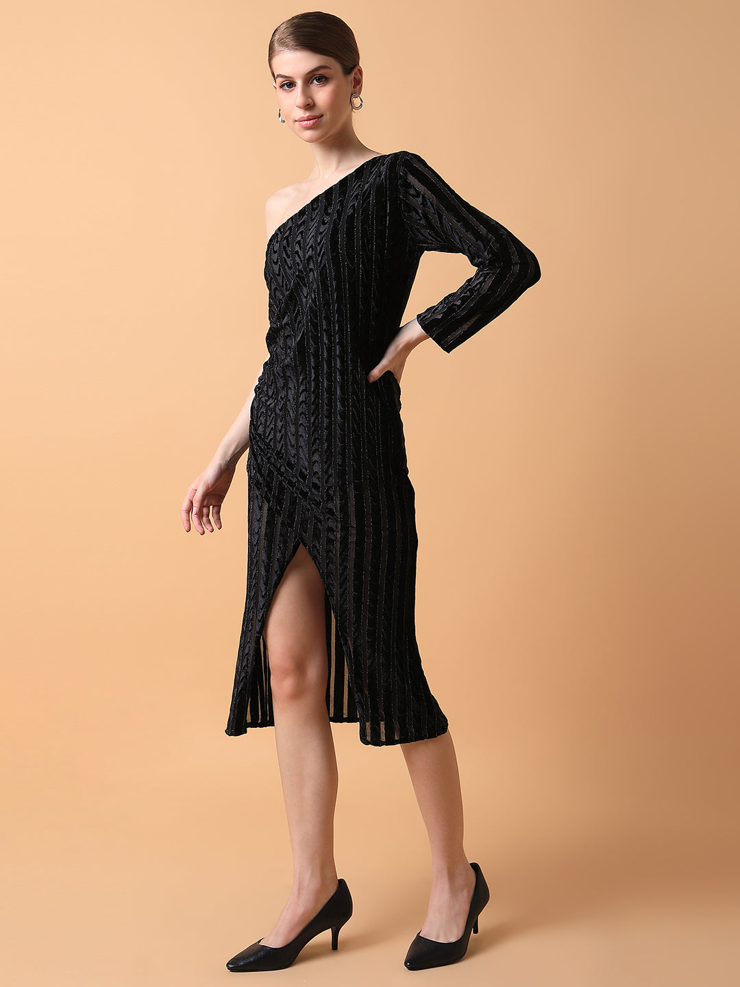 Women Solid Black Midi Wrap Dress