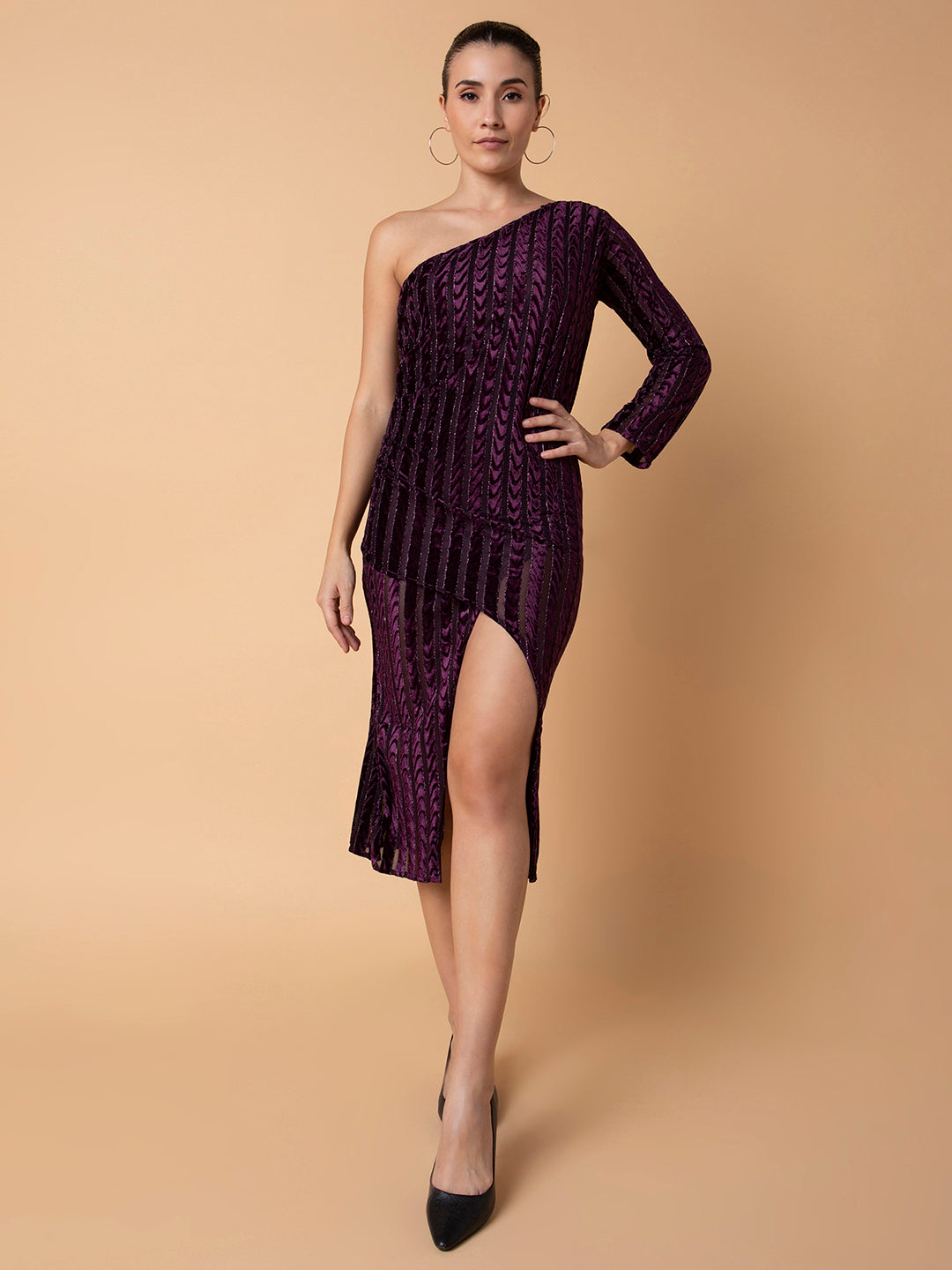 Women Solid Purple Midi Wrap Dress