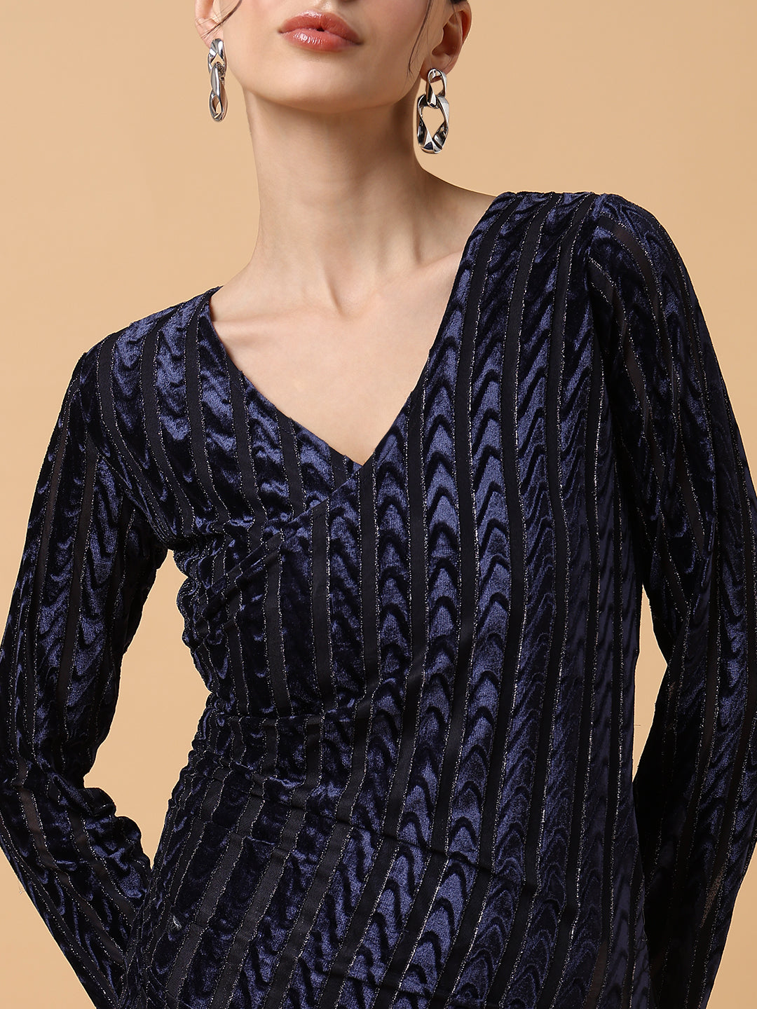 Women Striped Navy Blue Midi Wrap Dress