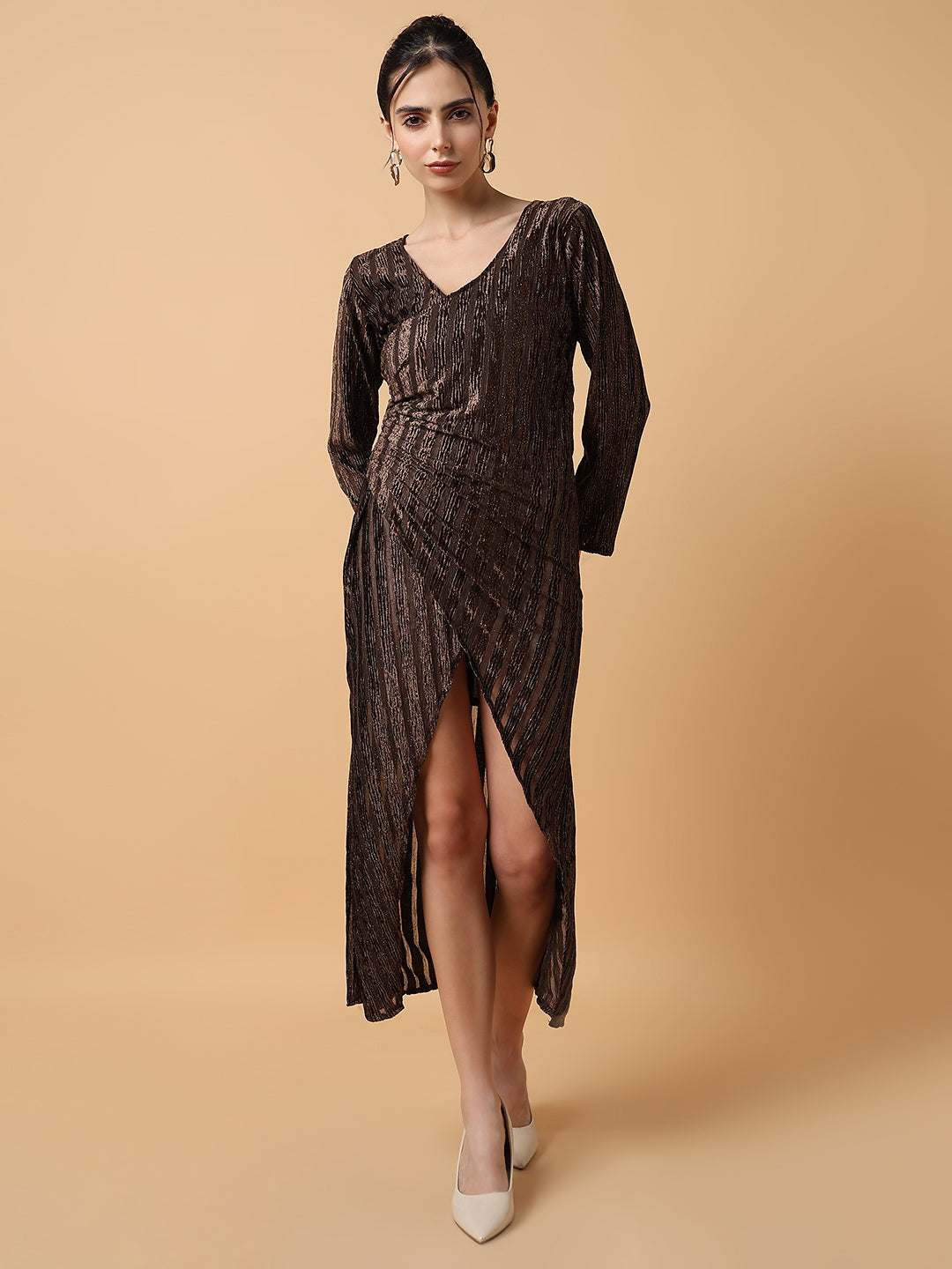 Women Striped Brown Midi Wrap Dress