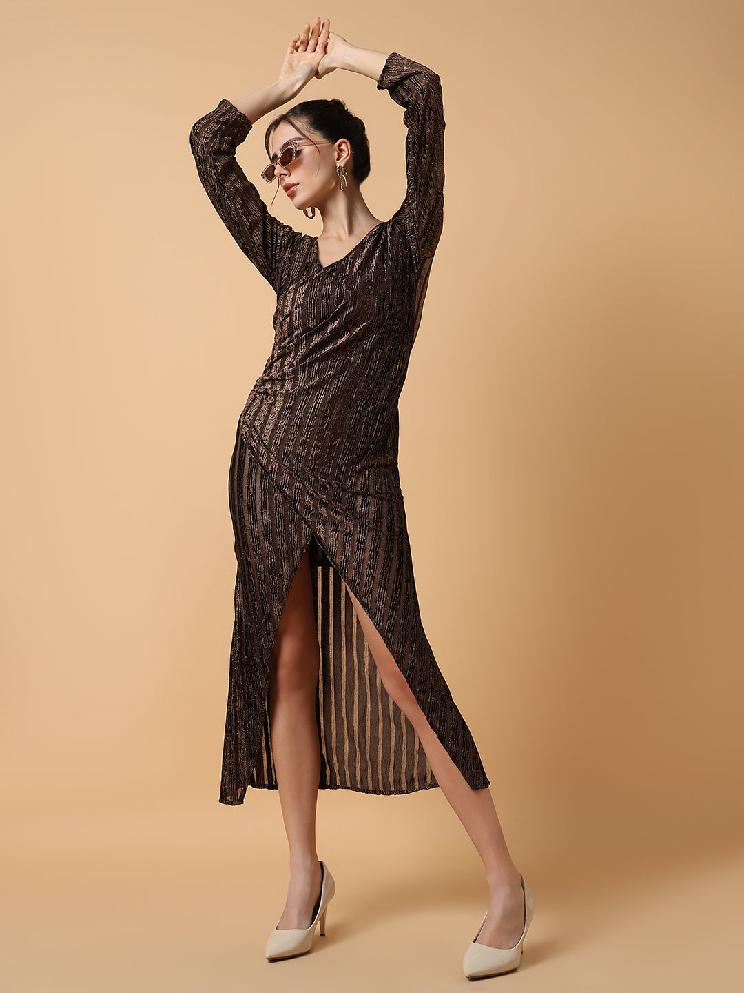 Women Striped Brown Midi Wrap Dress