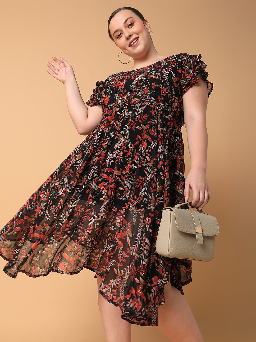 Women Floral Black Empire Midi Dress