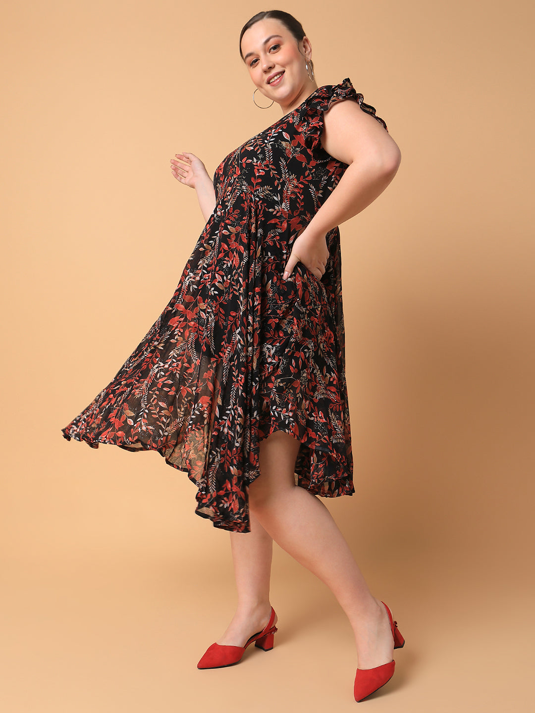 Women Floral Black Empire Midi Dress