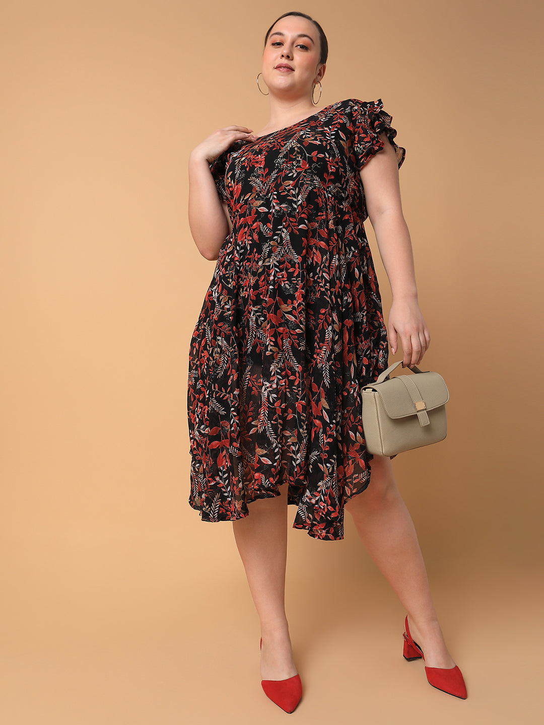 Women Floral Black Empire Midi Dress