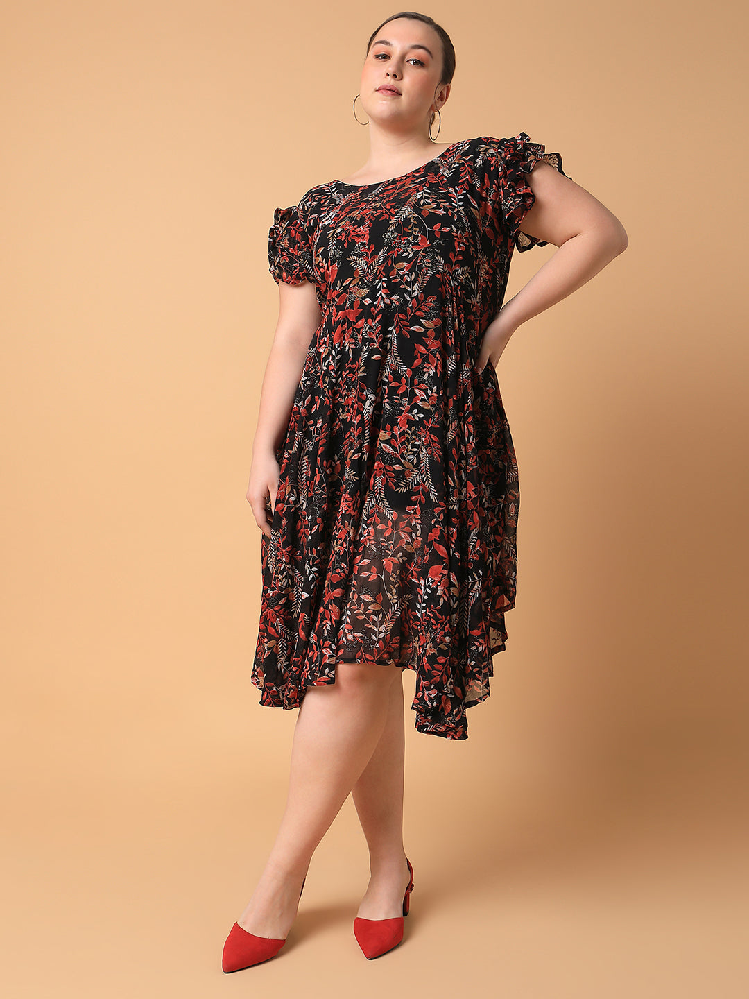 Women Floral Black Empire Midi Dress