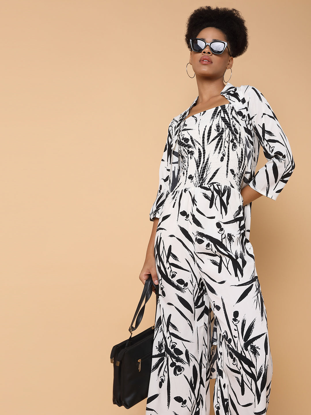 Women Printed Cream Jumpsuit with Shrug