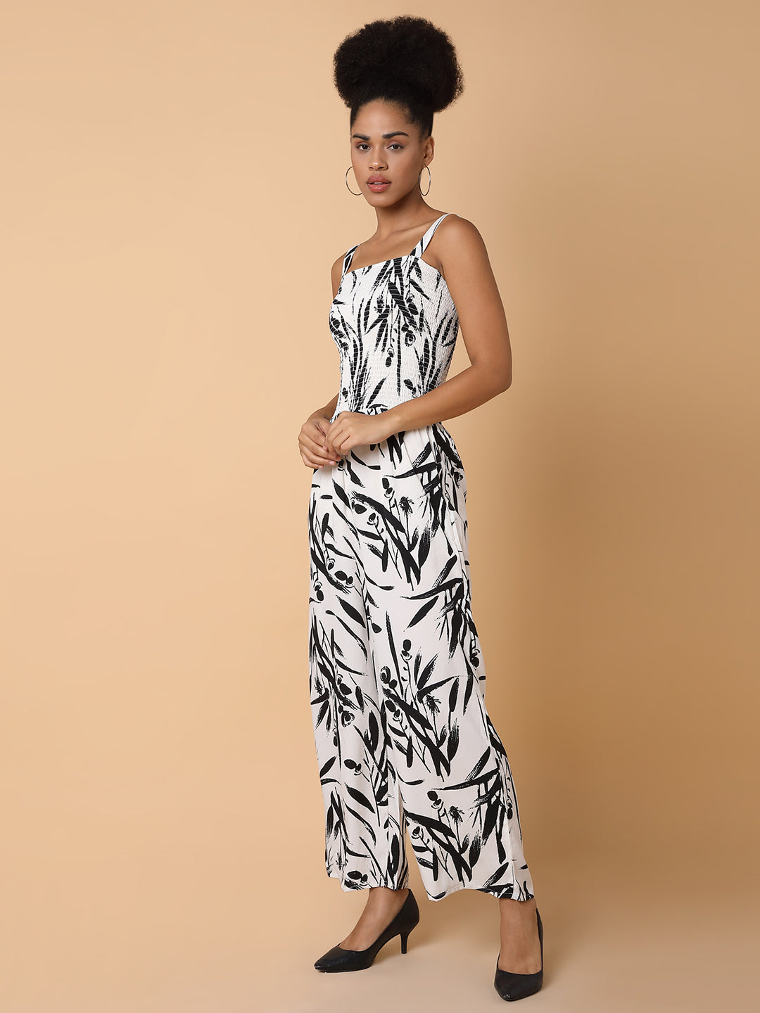 Women Printed Cream Jumpsuit with Shrug