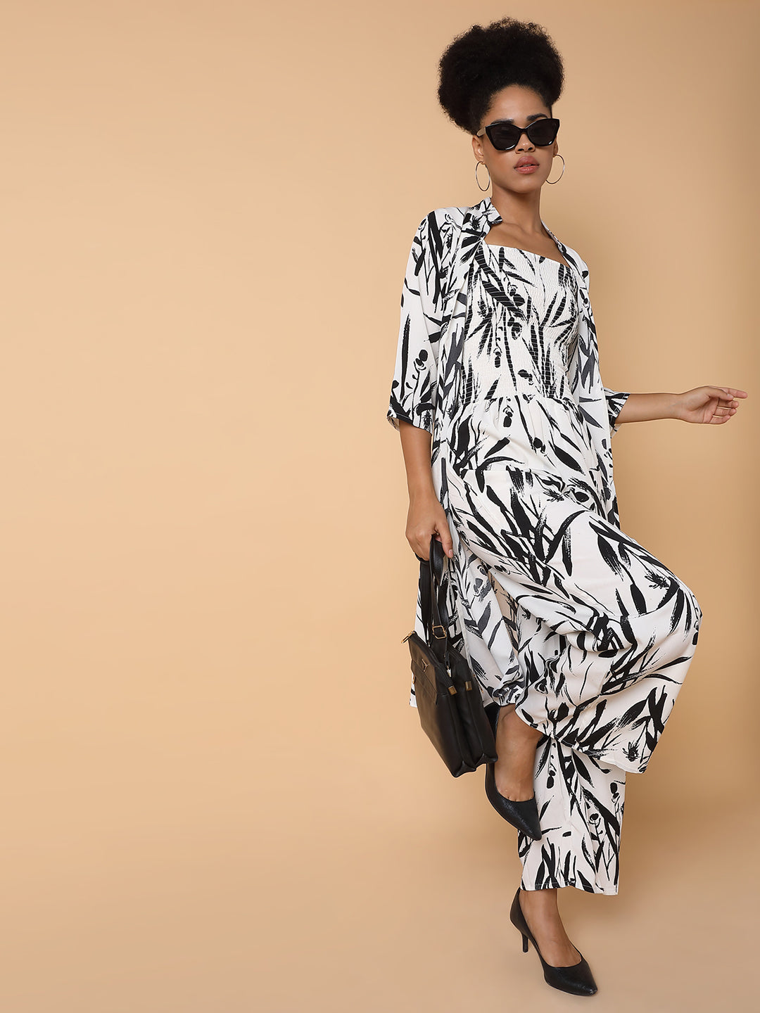 Women Printed Cream Jumpsuit with Shrug