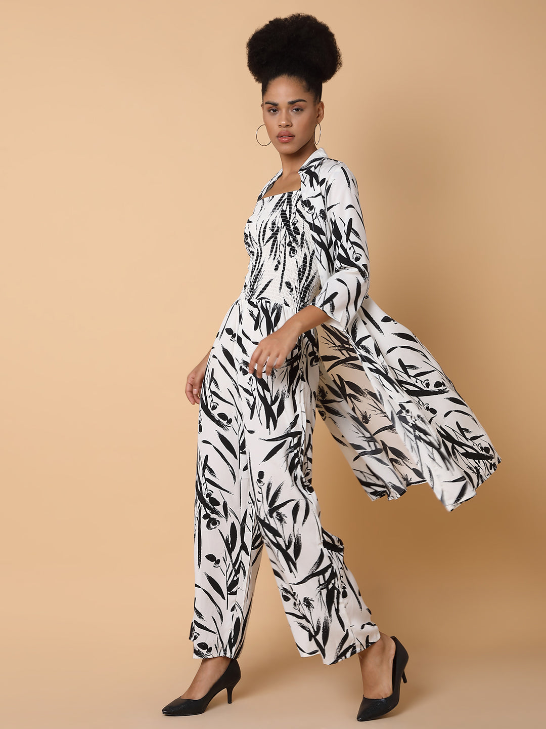 Women Printed Cream Jumpsuit with Shrug