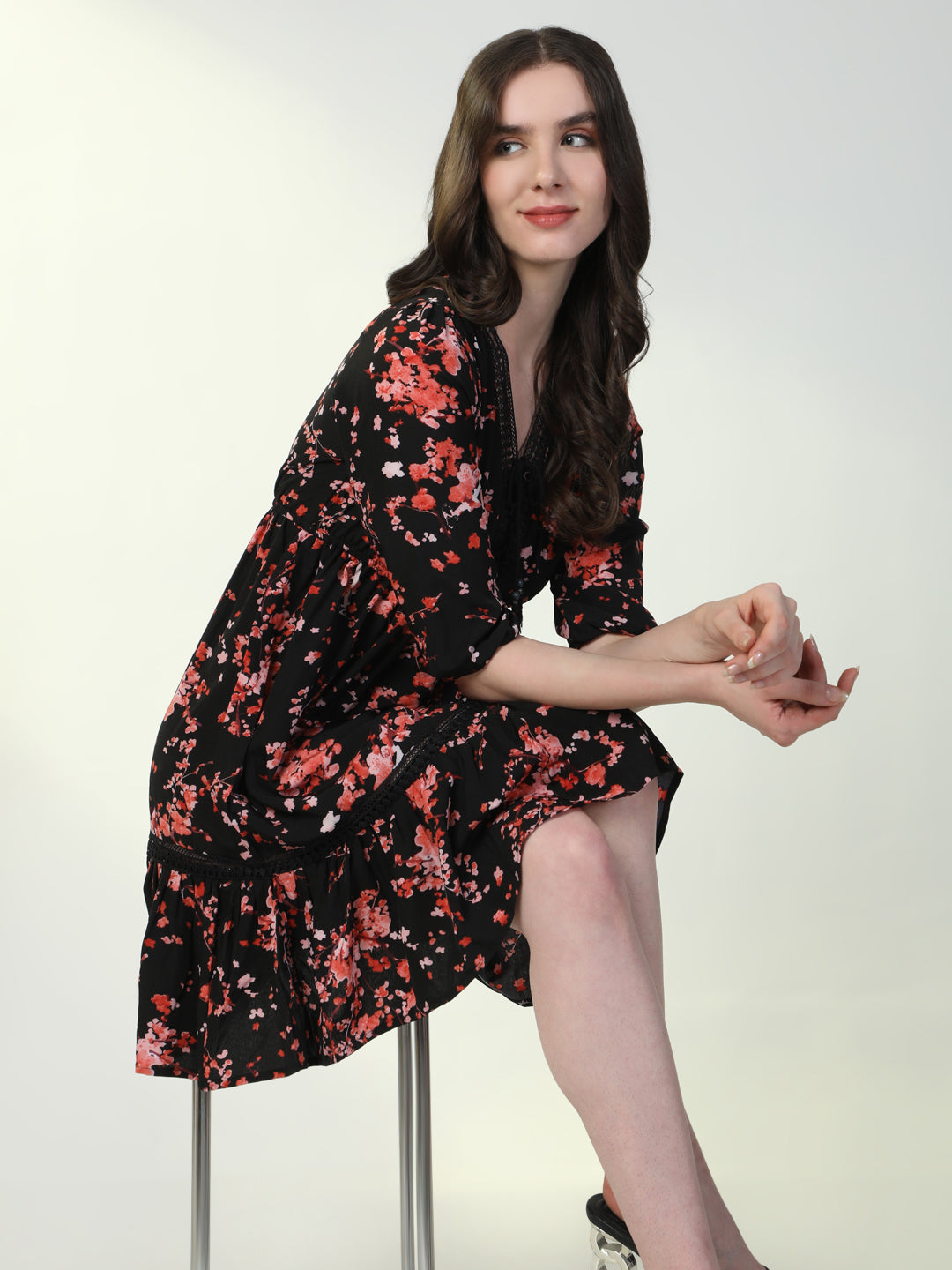 Women Floral Black A-Line Dress