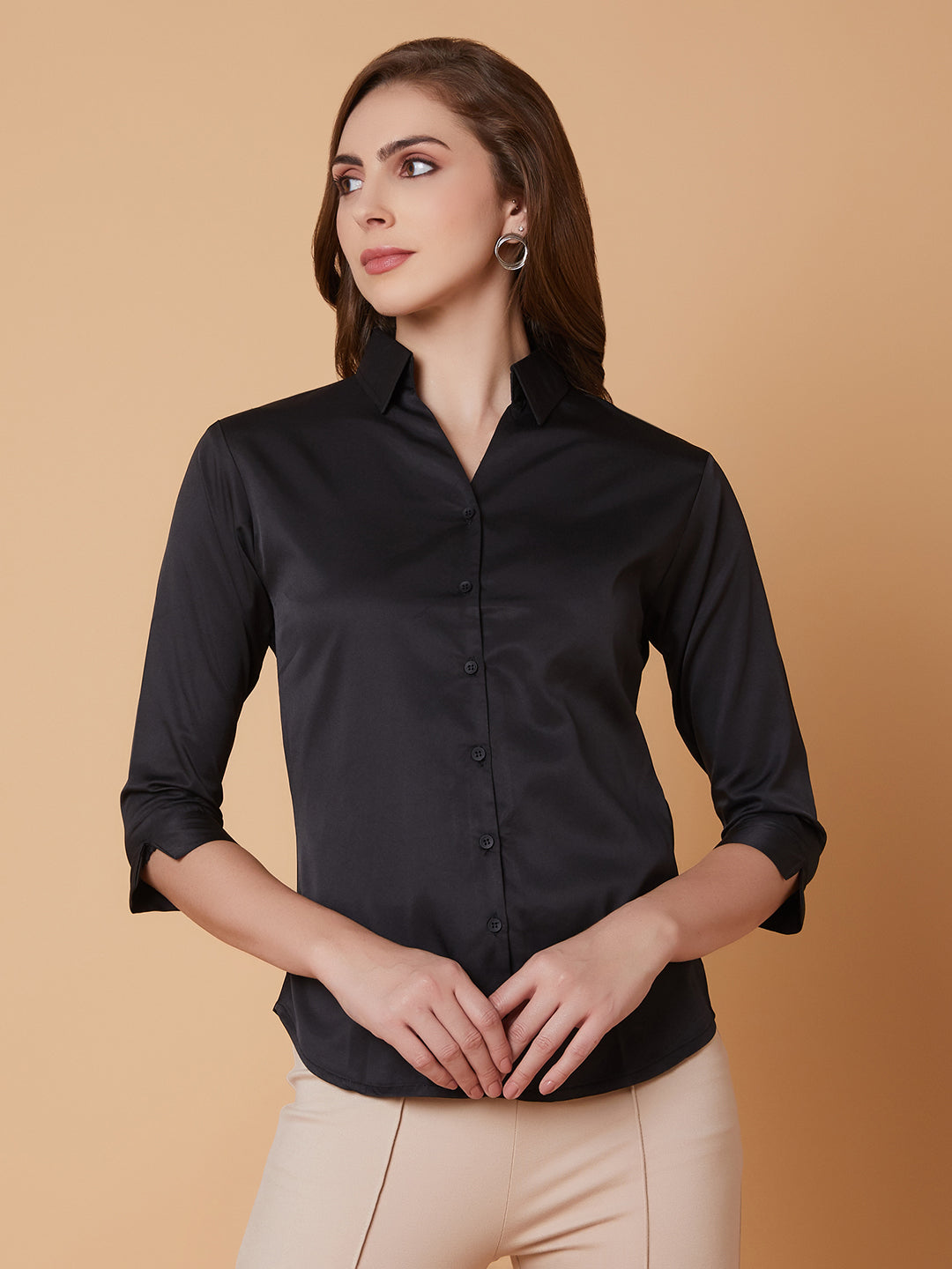 Women Solid Black Slim Fit Shirt