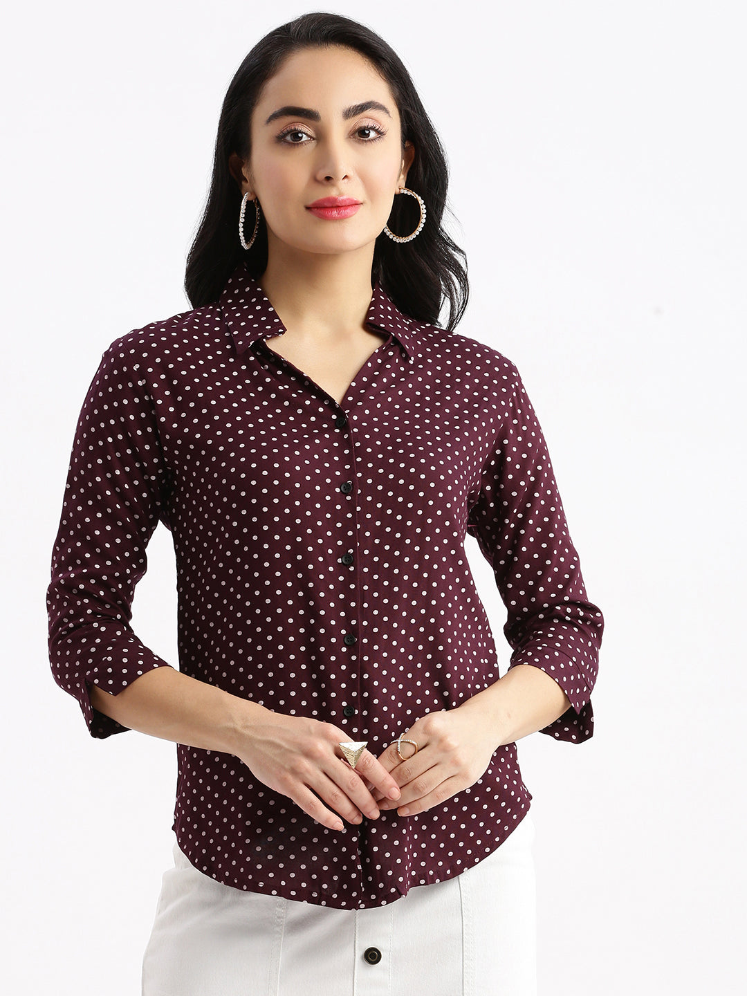 Women Polka Dots Purple Slim Fit Shirt