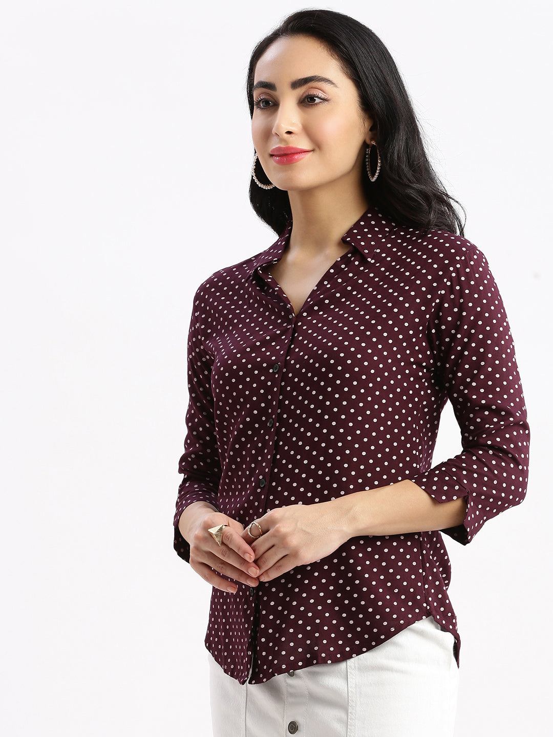 Women Polka Dots Purple Slim Fit Shirt