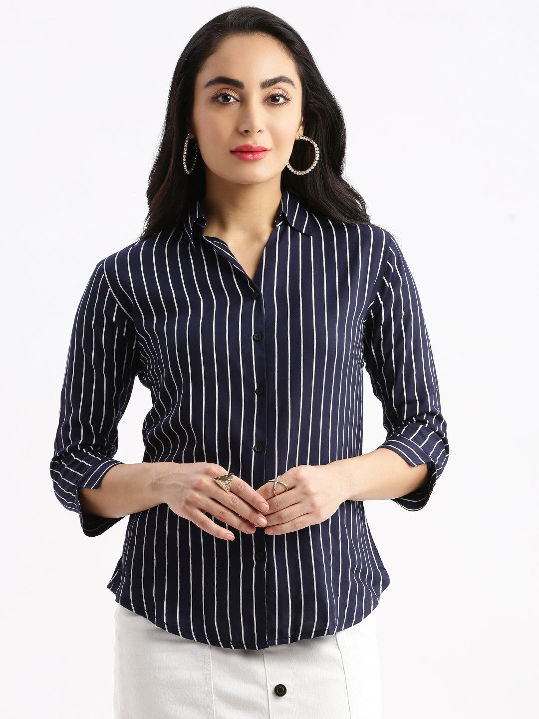 Women Striped Navy Blue Slim Fit Shirt