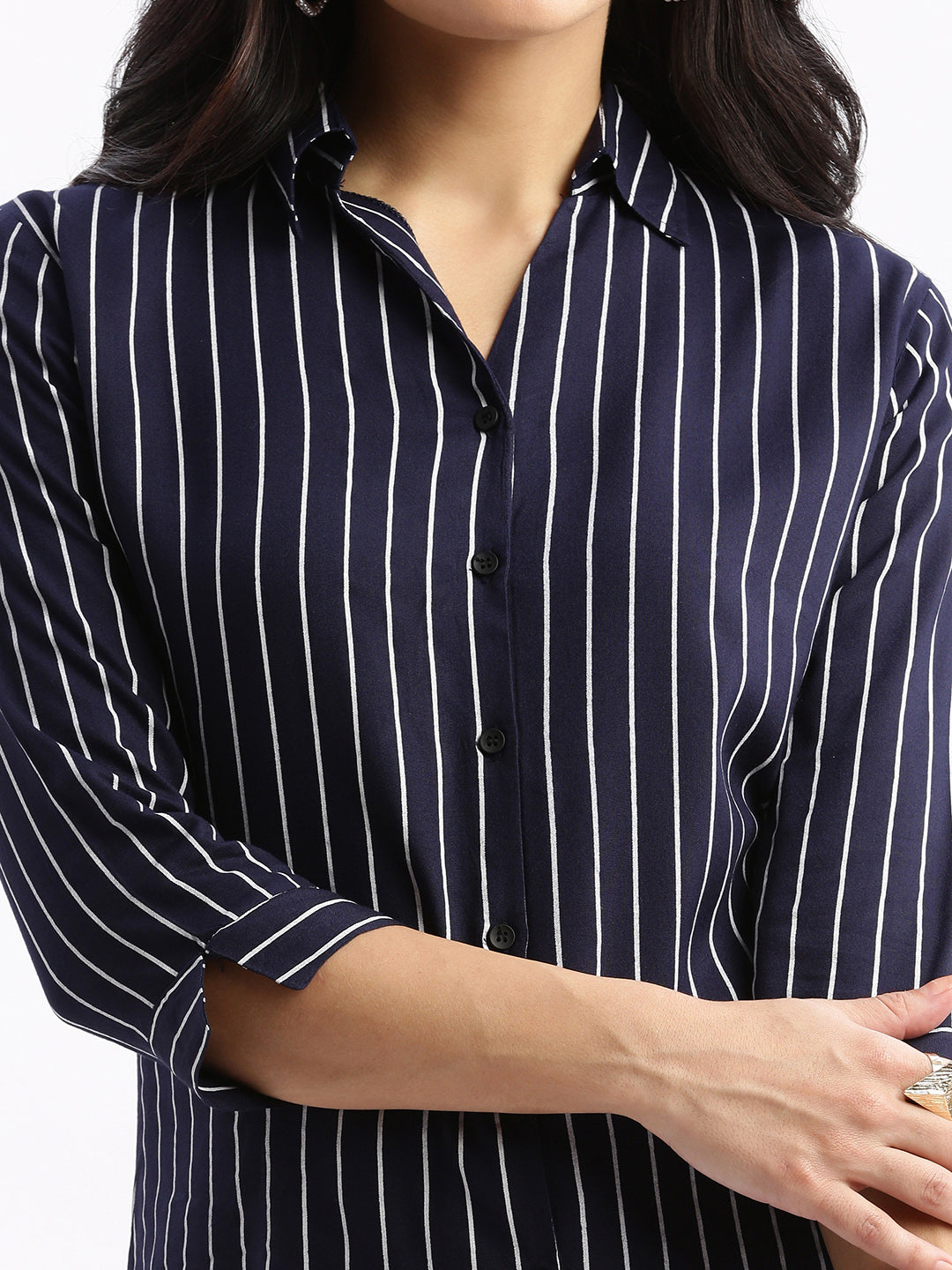 Women Striped Navy Blue Slim Fit Shirt