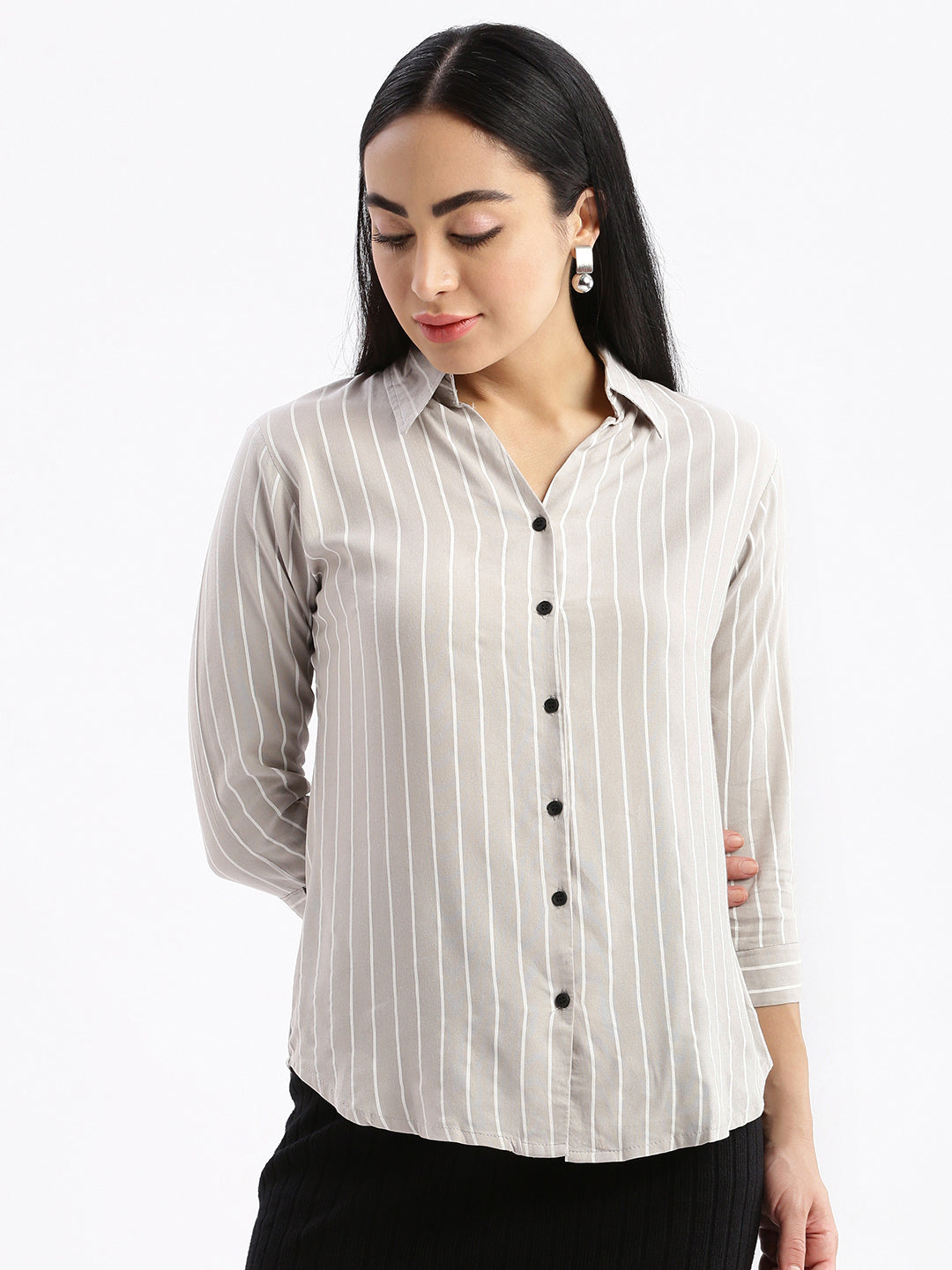 Women Striped Grey Slim Fit Shirt