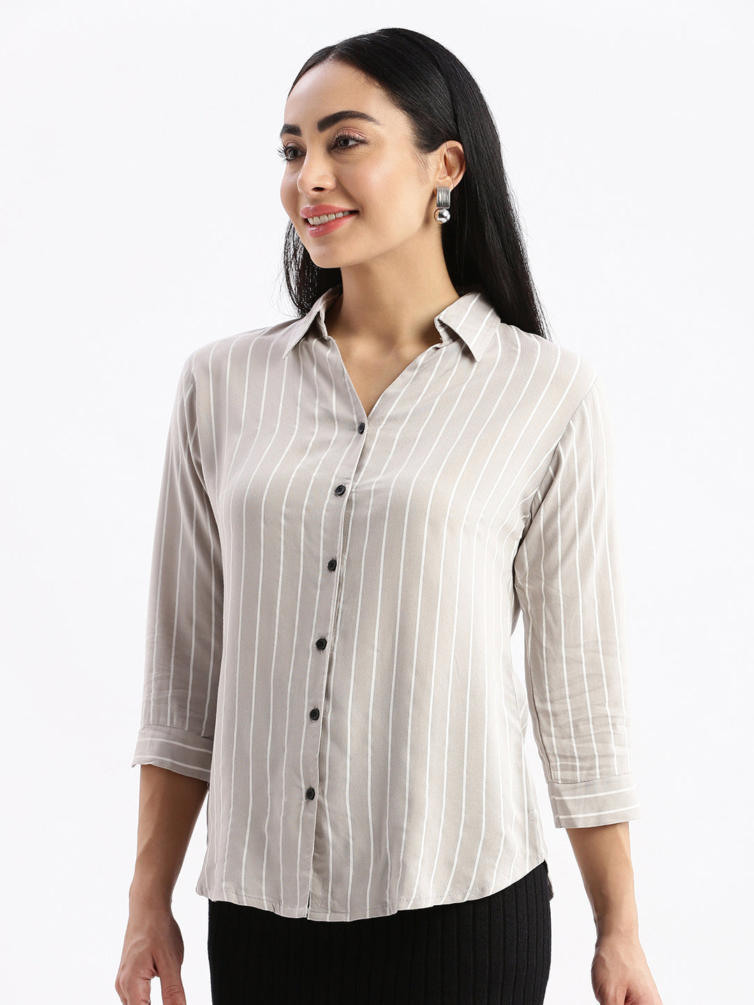 Women Striped Grey Slim Fit Shirt