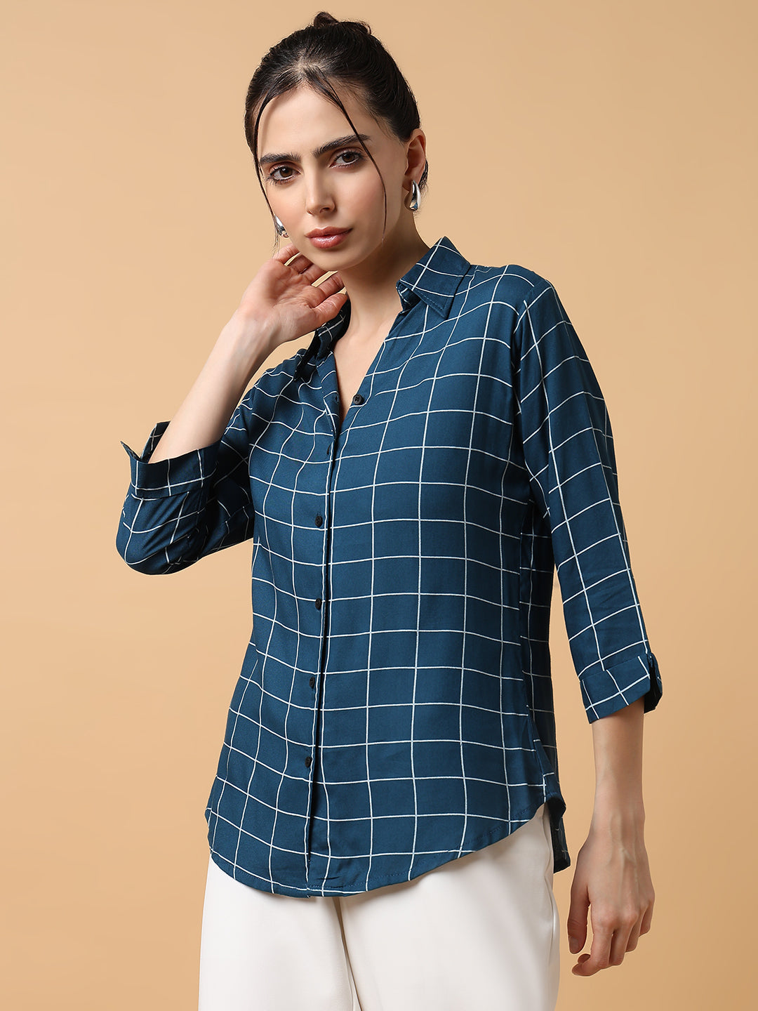 Women Checked Teal Shirt