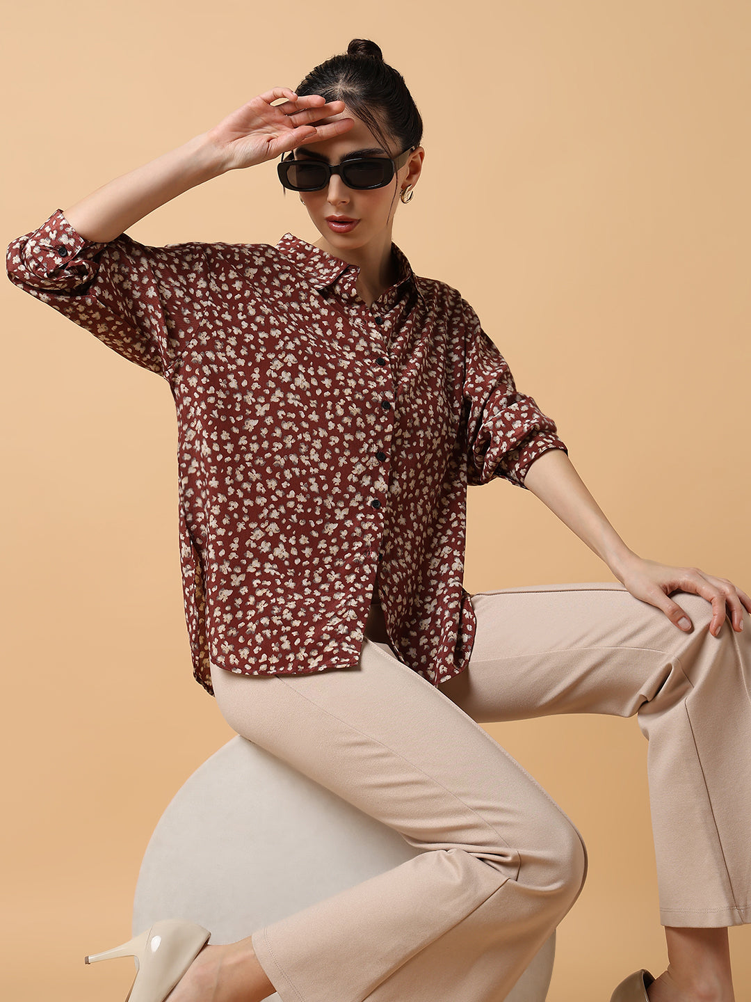 Women Floral Brown Slim Fit Shirt