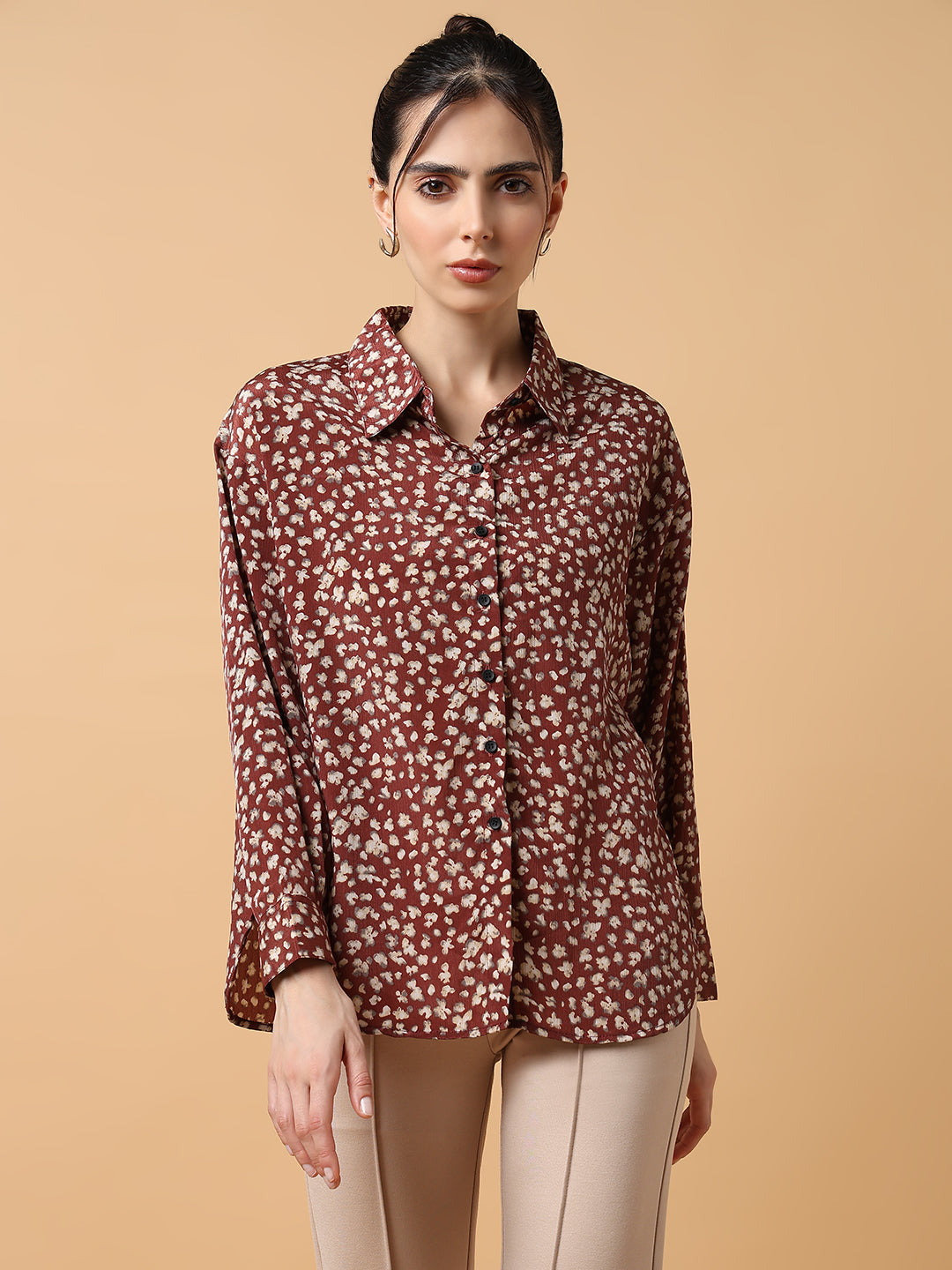 Women Floral Brown Slim Fit Shirt