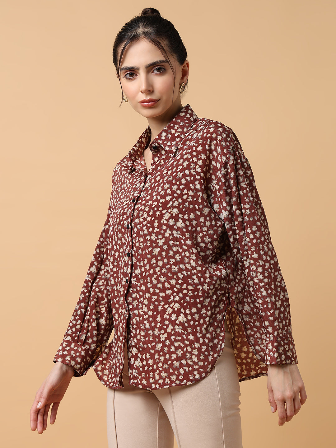 Women Floral Brown Slim Fit Shirt