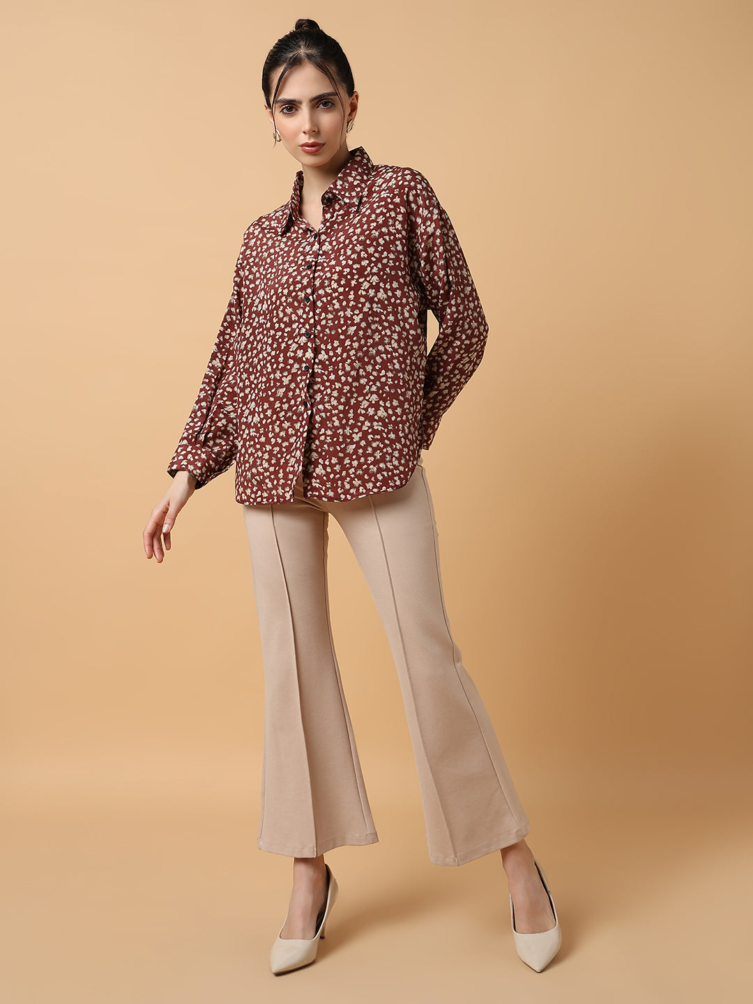 Women Floral Brown Slim Fit Shirt