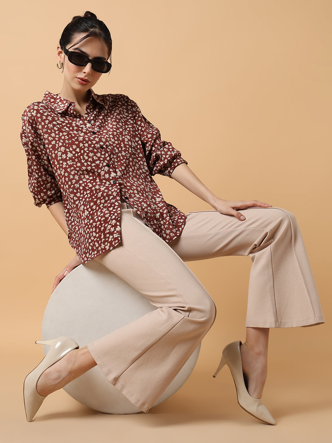 Women Floral Brown Slim Fit Shirt