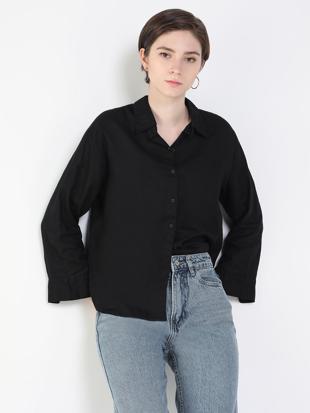 Women Solid Black Slim Fit Shirt