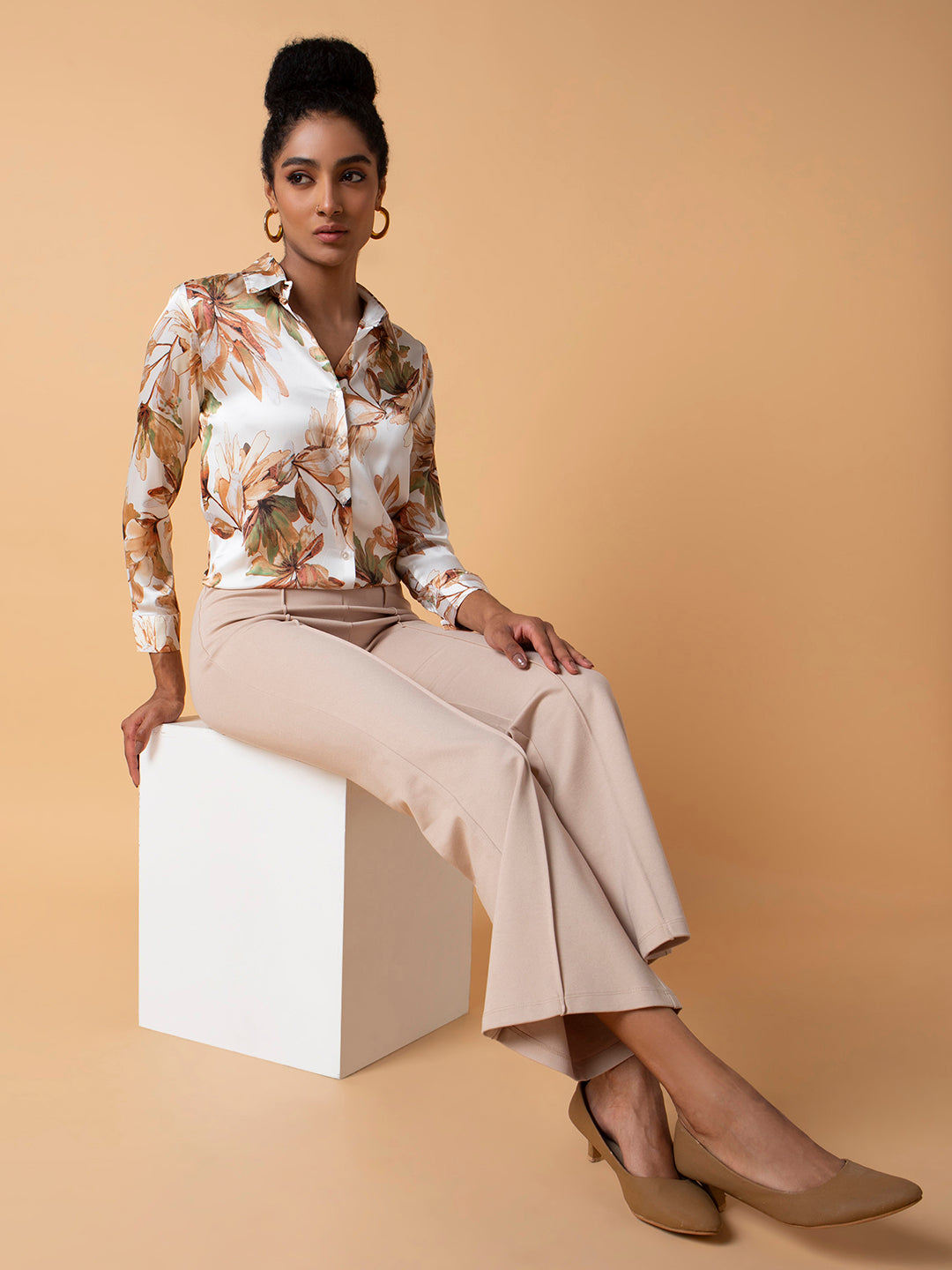 Women Floral Cream Slim Fit Shirt