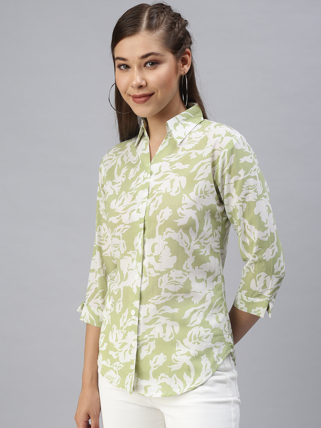 Women Spread Collar Printed Green Shirts