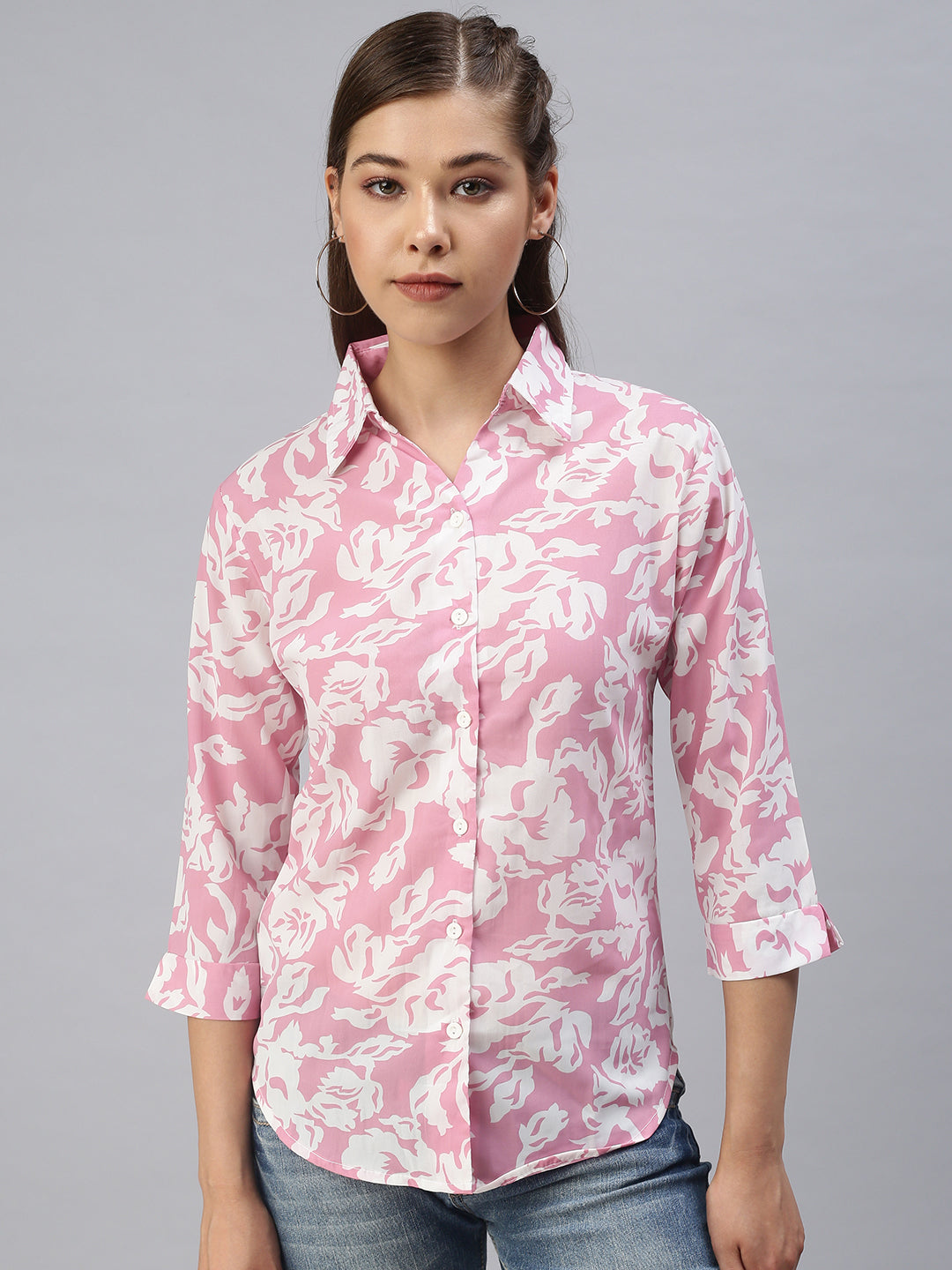 Women Spread Collar Printed Pink Shirts